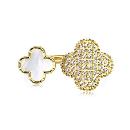 Women's Four‑Leaf Clover Ring With Round Zirconia & White shell Inlay, S925 with Gold Plating, Adjustable Ring