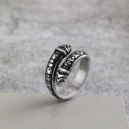Vintage Stainless Steel Narrow Band Viking Script Symbol Snake Ring for Men