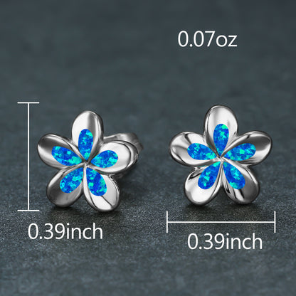 Women's 3D Five-Petal Flower Stud Earrings Inlaid With White & Blue Opal