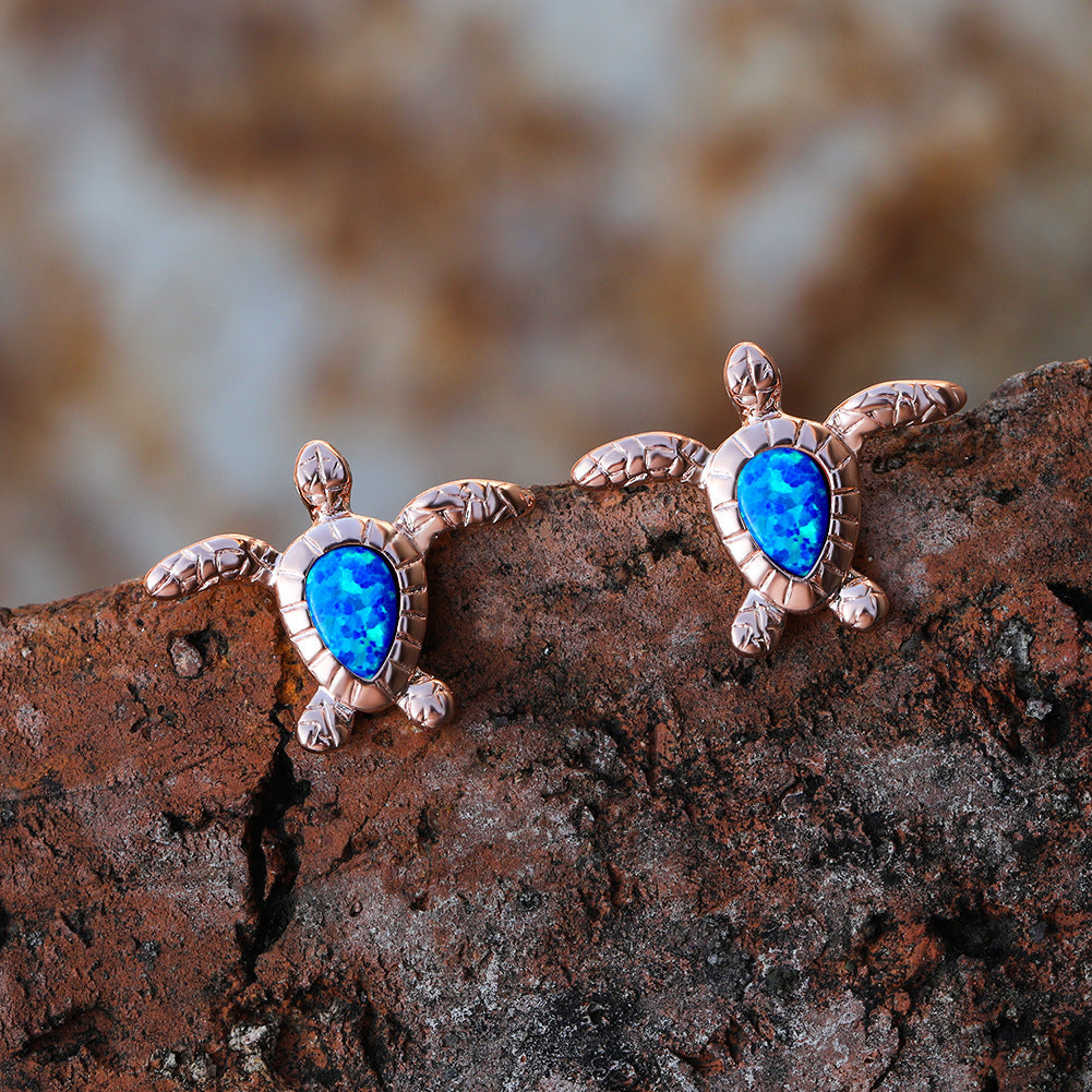 Women's Sea‑Turtle Stud Earrings With Teardrop Opal, with White Gold / Rose Gold Plating