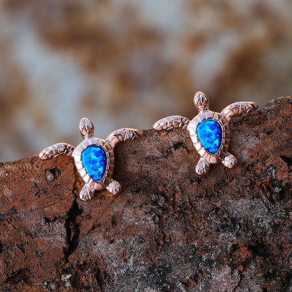 Women's Sea‑Turtle Stud Earrings With Teardrop Opal, with White Gold / Rose Gold Plating