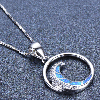 925 Silver Opal White Diamond Crescent Shaped Smooth Circle Pendant Necklace