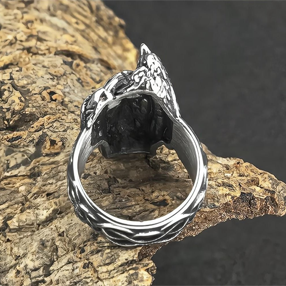 Vintage Antique Finish Stainless Steel Punk Viking Raven Head Ring for Men