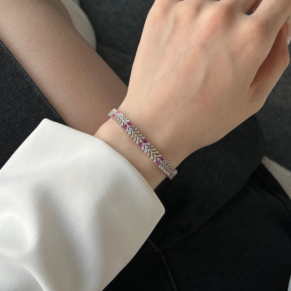Women's High‑End Bracelet, Baguette Multicolor Gemstone & Round White Zirconia Row Inlay, S925 with White Gold Plating