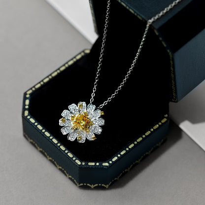 Women's Pendant Necklace, Square Shape Crushed Ice Cut Yellow Sapphire & Round Zirconia Sunflower Inlay, S925 with White Gold Plating