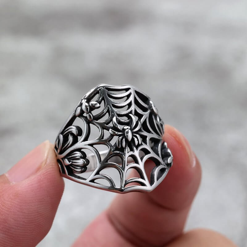 Vintage Solid Stainless Steel Hollow Spider Web Ring for Men