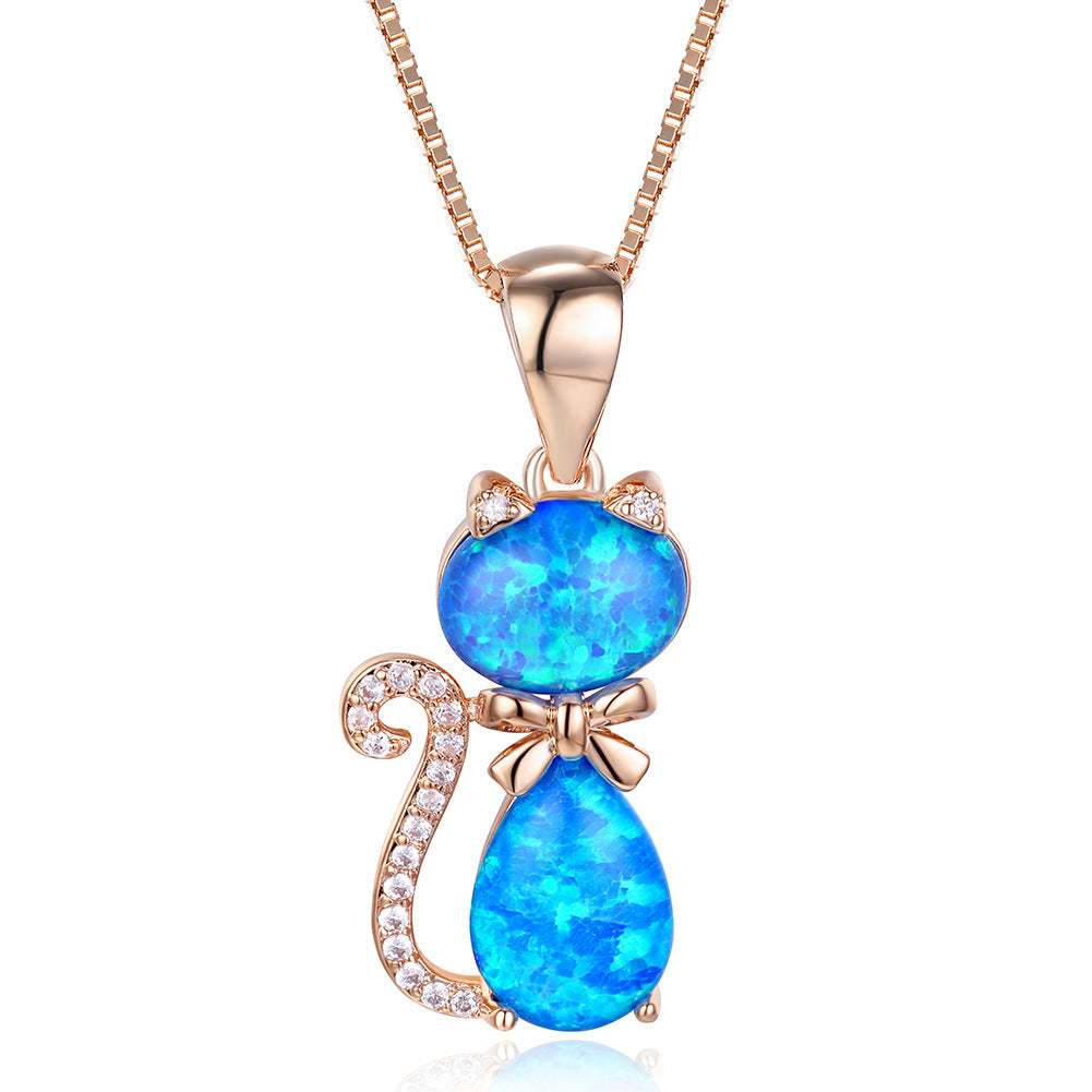 Women's Cat Bow Blue & White Opal with Zirconia Pendant Necklace, Rose Gold / White Gold Plating
