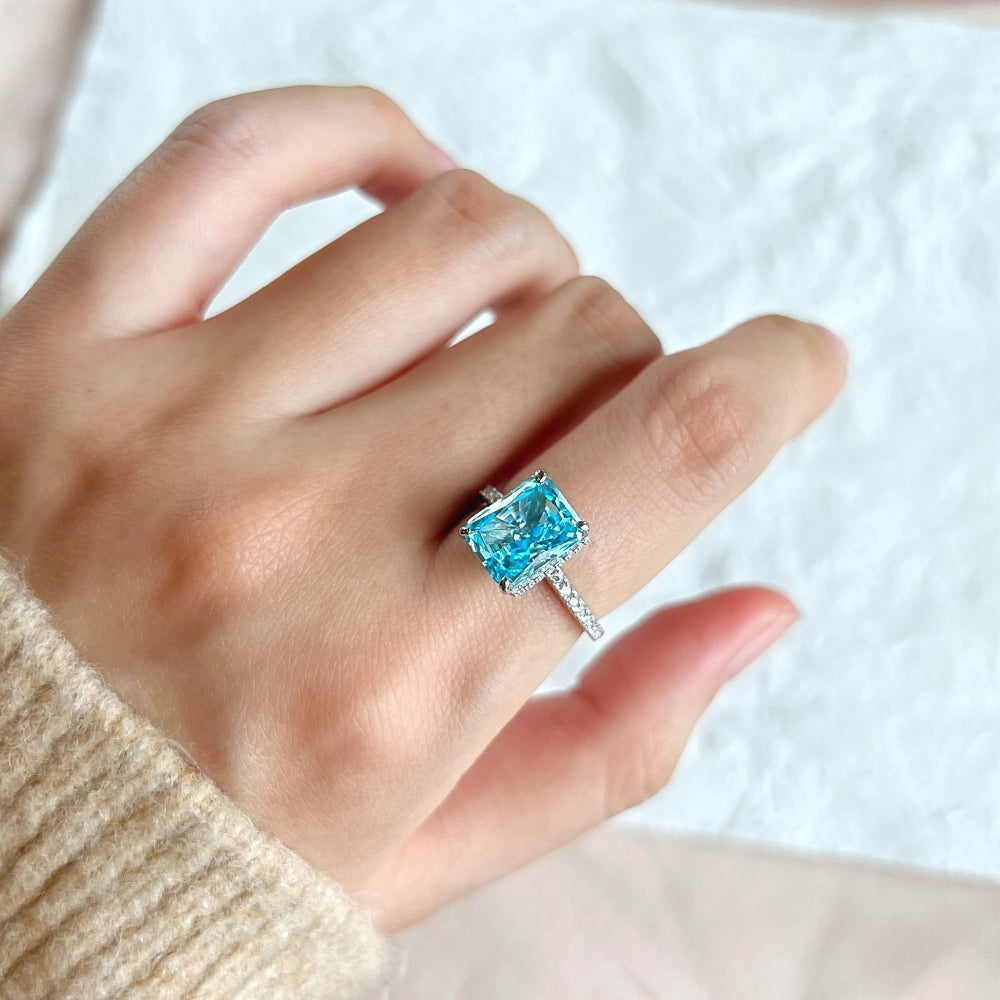 Women's Square Ice Flower Cut Blue Zirconia Fashion Ring, S925 with White Gold Plating