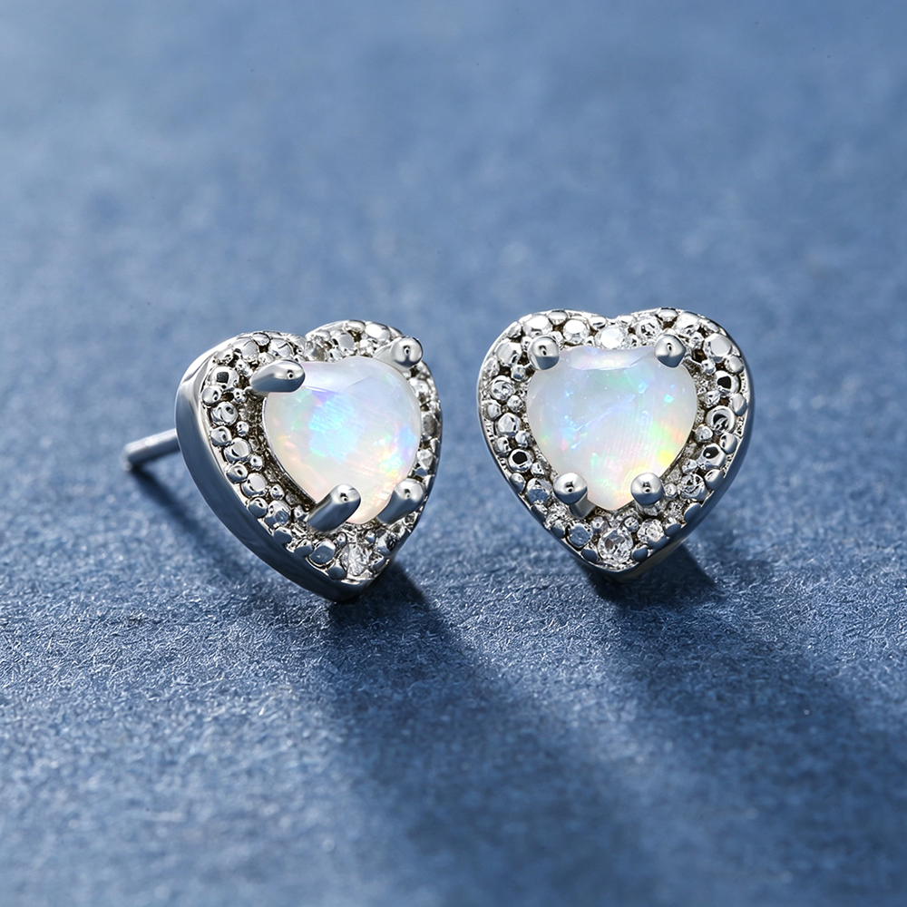 Women's Prong Set Heart Paved Zirconia White & Blue Opal Stud Earrings, Rose Gold / White Gold Plating