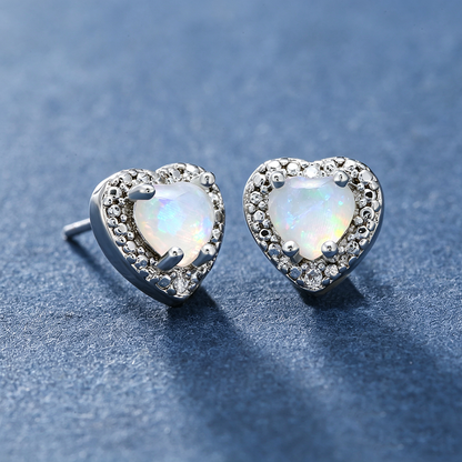 Women's Prong Set Heart Paved Zirconia White & Blue Opal Stud Earrings, Rose Gold / White Gold Plating