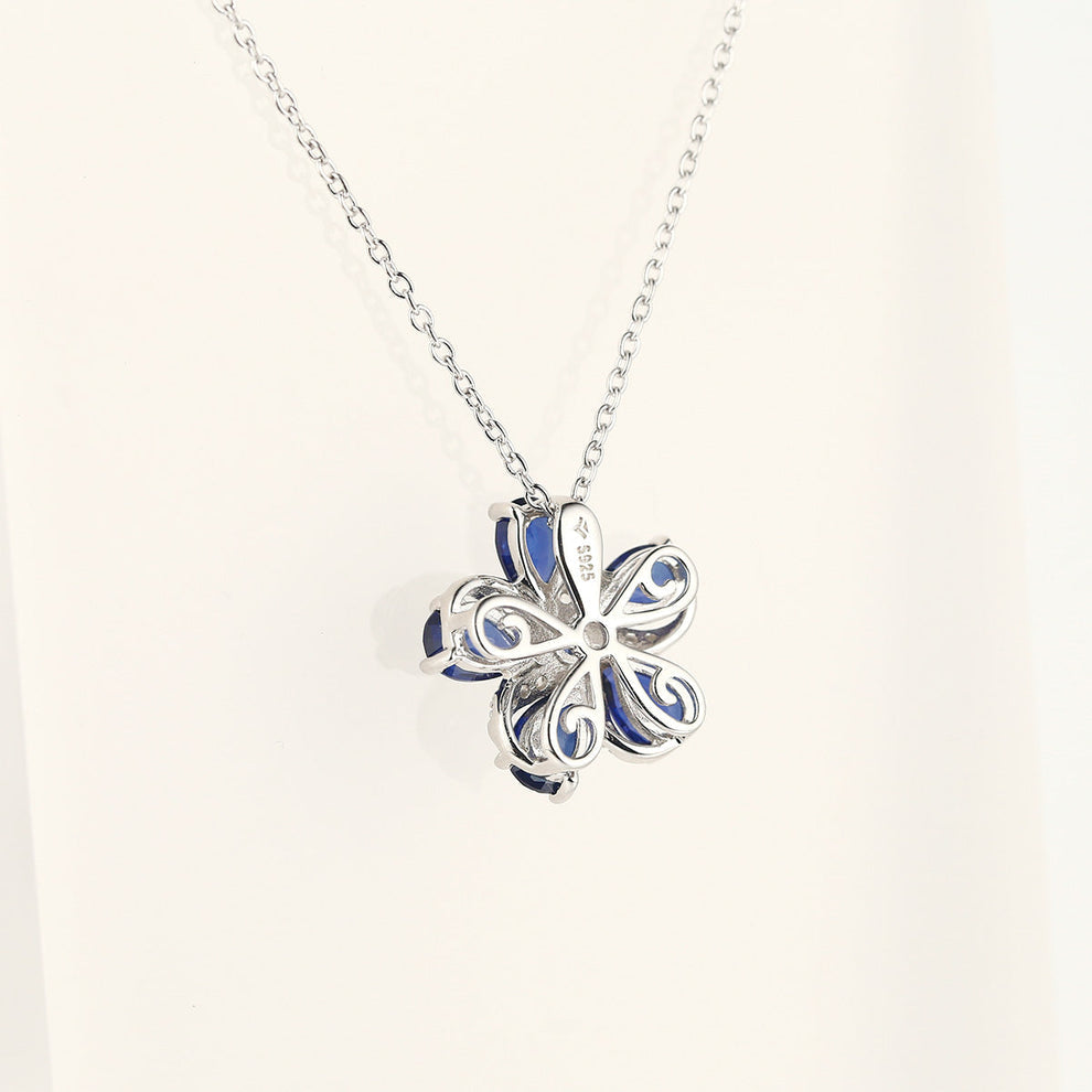 Women's Sterling Silver Five-leaf Clover Shape Pendant with Pear Brilliant Cut Sapphire