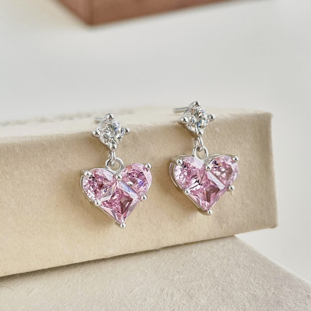 Women's Dangle Earrings, Pink Heart‑Shape Zirconia with Round Zirconia Accent, S925 with White Gold Plating