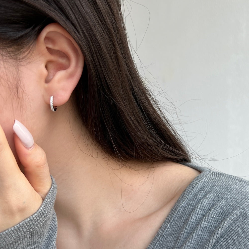 Women's Huggie Hoop Earrings, Half‑Pavé Round Zirconia, S925 with White Gold Plating