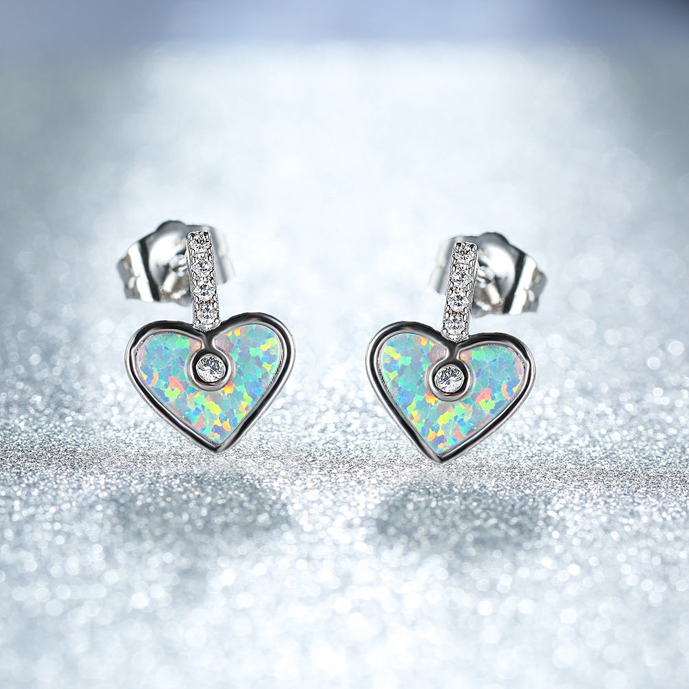 Women's Heart‑Shape Stud Earrings, Paved Zirconia With White Opal / Blue Opal Inlay, with White Gold Plating / Rose Gold Plating