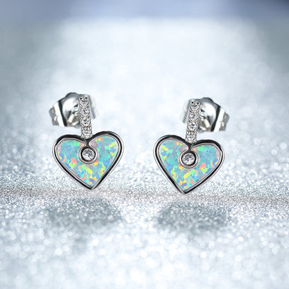 Women's Heart‑Shape Stud Earrings, Paved Zirconia With White Opal / Blue Opal Inlay, with White Gold Plating / Rose Gold Plating
