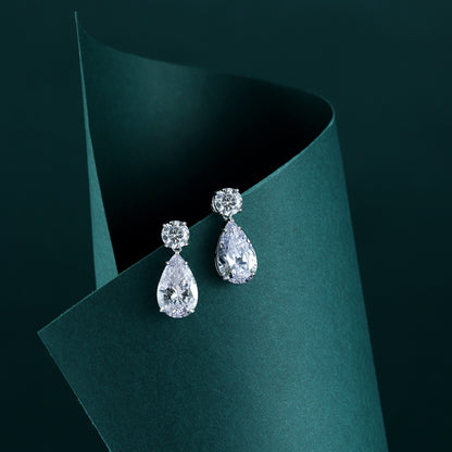Women's Wedding Dangle Earrings, Pear‑Shape & Round Zirconia, S925 with White Gold Plating