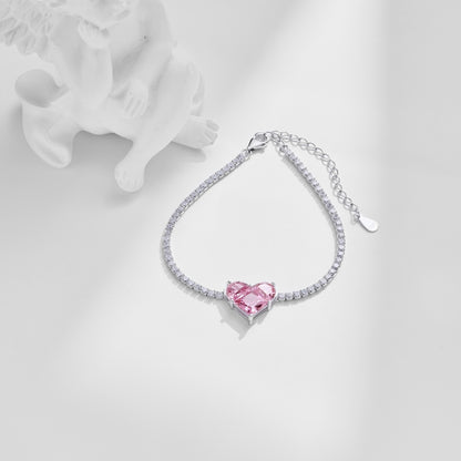 Women's Delicate Tennis Bracelet, Pink Heart Shape Center Zirconia Paved Inlay, S925 with White Gold Plating