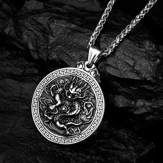 Vintage Stainless Steel Double-sided Chinese Dragon Pendant Necklace with Dragon Character for Men