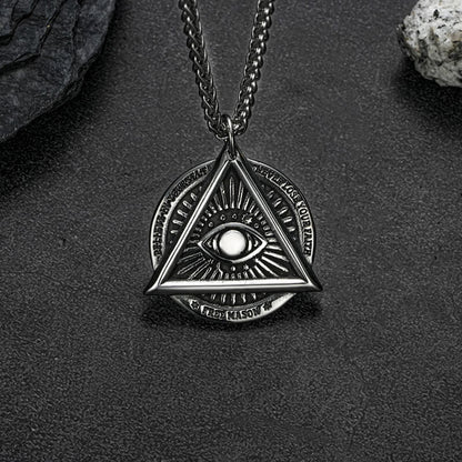 Men's Steel Vintage All Seeing Eye Triangle Round Pendant Necklace