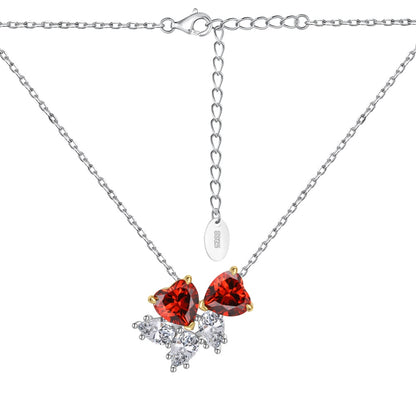 Women's Luxury Pendant Necklace, Pear Shape Colorless Zirconia & Heart Shape Red Zirconia Spliced Inlay, S925 with White Gold Plating