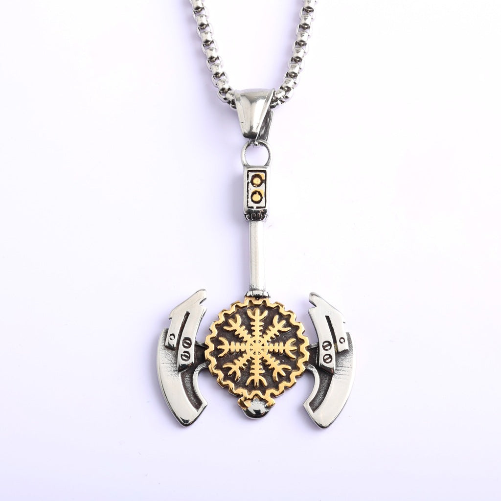 Men's Steel Viking Axe Helm of Awe Pendant Necklace