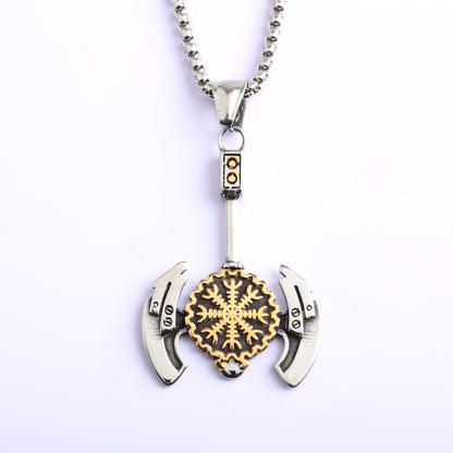 Men's Steel Viking Axe Helm of Awe Pendant Necklace