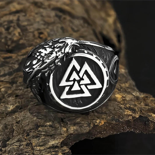 Vintage Solid Stainless Steel Viking Triangle Symbol Crow Totem Band Ring for Men