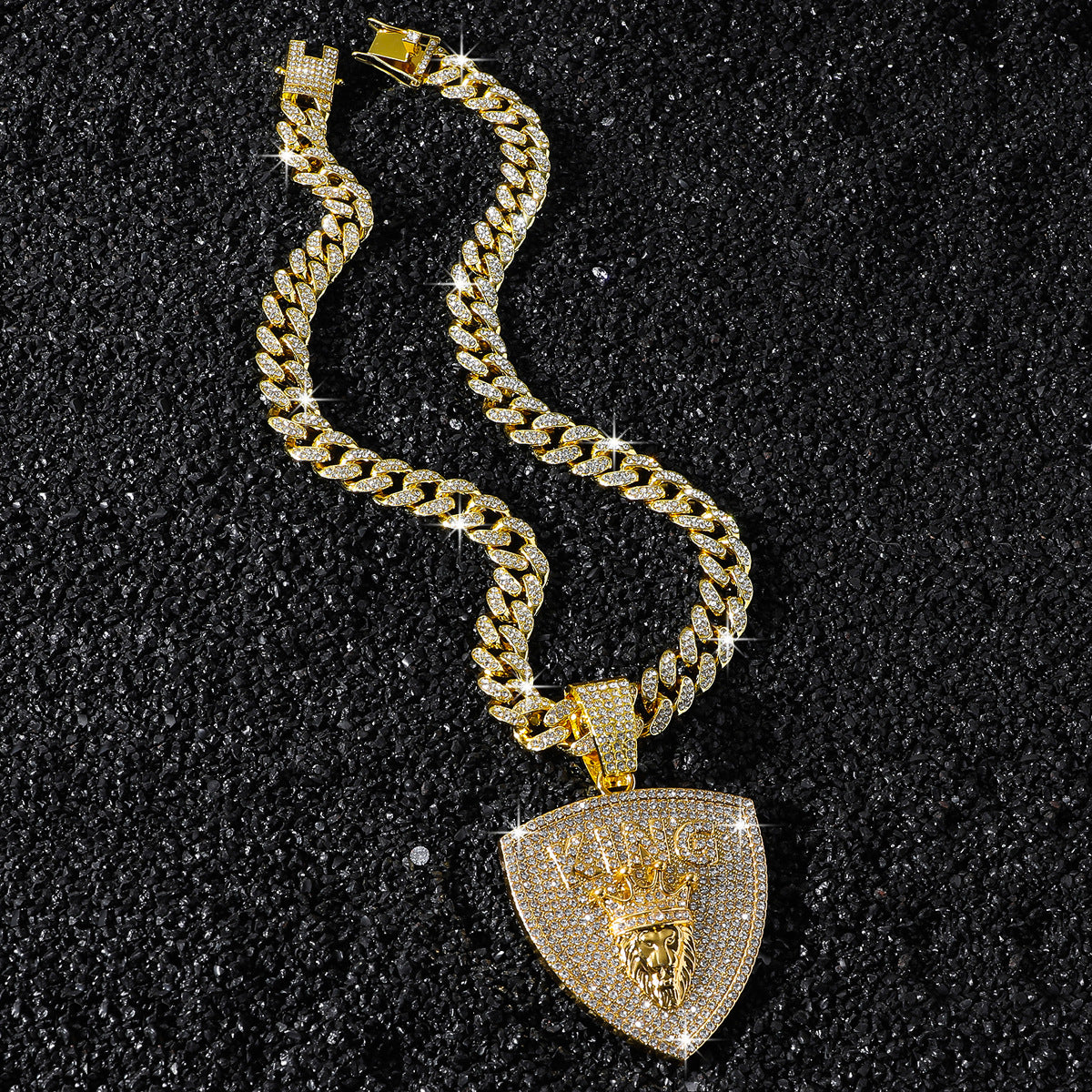 Hip-Hop Lion Head King Shield Cuban Chain Pendant Necklace