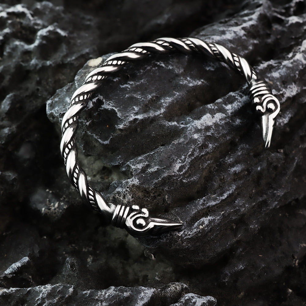 Viking Raven Solid Stainless Steel Open C Bracelet for Men, Nordic Pirate Vintage Adjustable Cuff Bangle