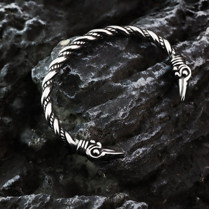 Viking Raven Solid Stainless Steel Open C Bracelet for Men, Nordic Pirate Vintage Adjustable Cuff Bangle