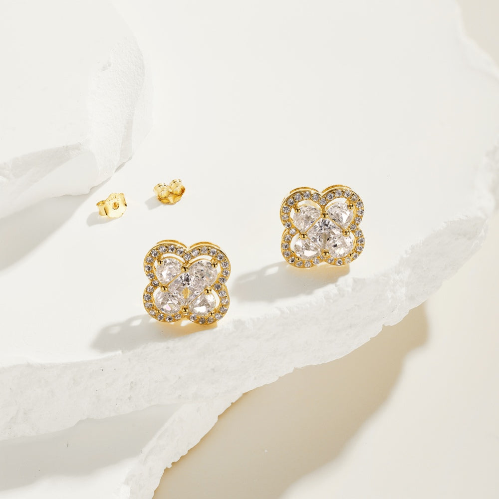 Women's Clover Halo Stud Earrings, Clear Zirconia, S925 with 18K Gold Plating