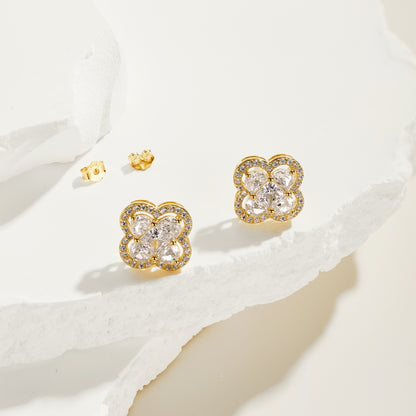Women's Clover Halo Stud Earrings, Clear Zirconia, S925 with 18K Gold Plating