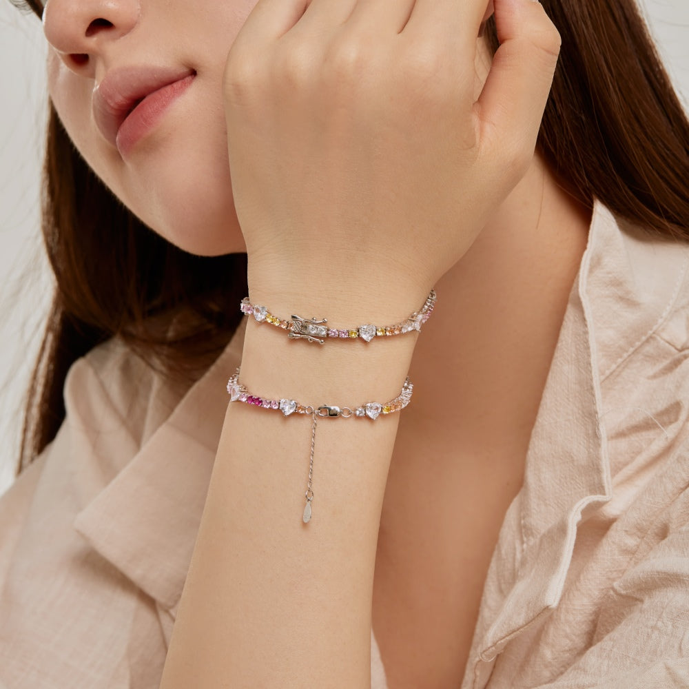 Women's High‑End Tennis Bracelet, Multicolor Mixed Heart & Round Zirconia Inlay With Extension Chain, S925 with White Gold Plating