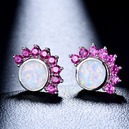 Women's Sunflower Halo White Opal With Color Sapphire Stud Earrings, White Gold Plating & Rose Gold Plating