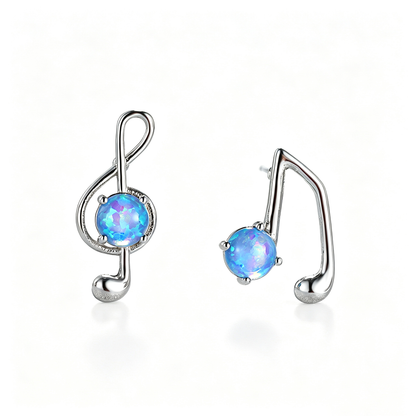 Women's Asymmetrical Music Note Round Opal Stud Earrings, Blue Opal & White Opal