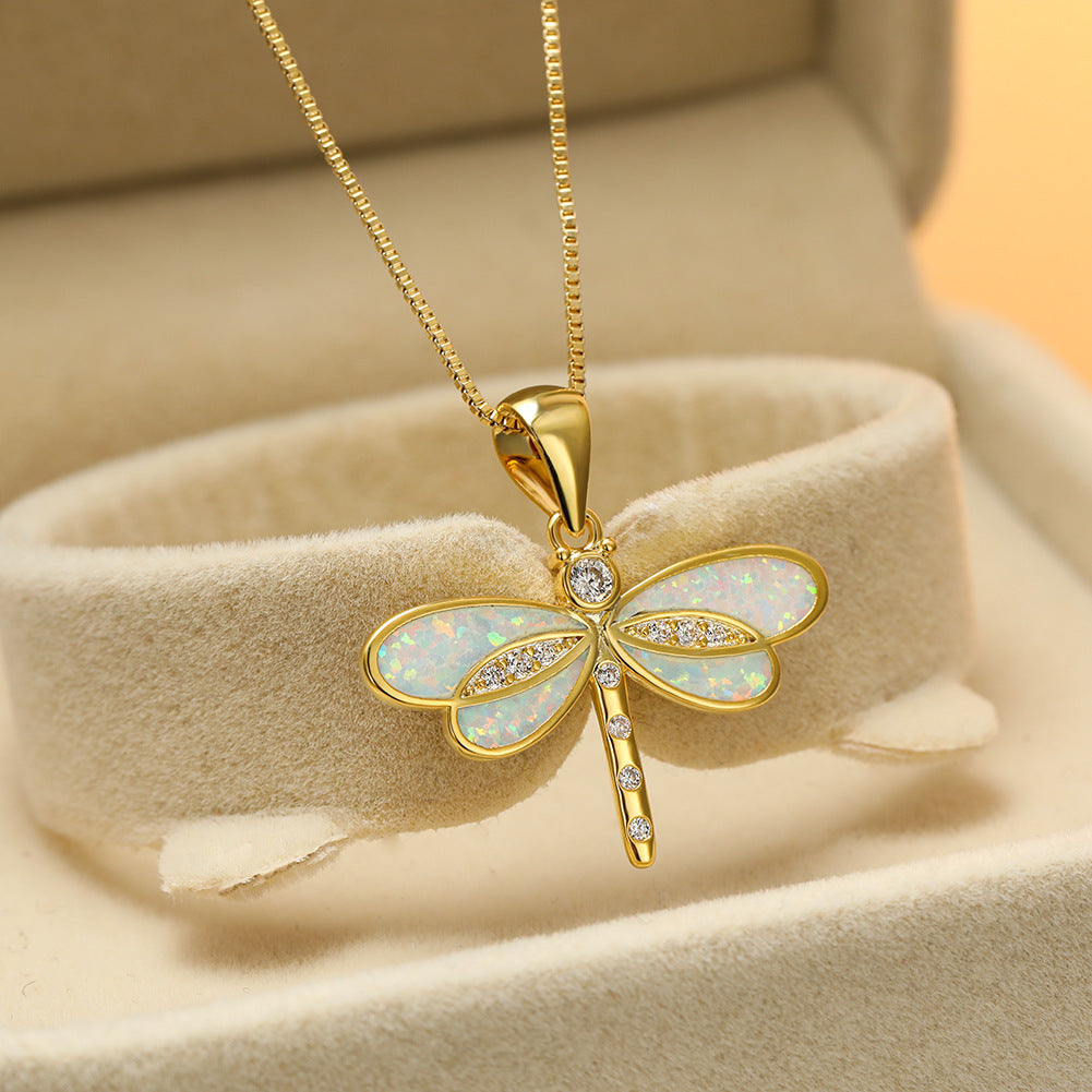 New Ins-style minimalist gold dragonfly blue opal necklace for women