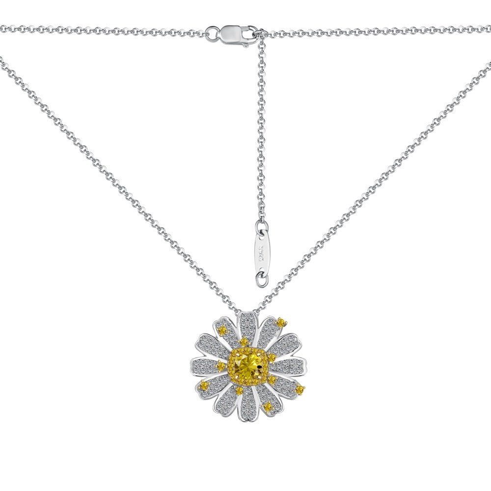 Women's Pendant Necklace, Square Shape Crushed Ice Cut Yellow Sapphire & Round Zirconia Sunflower Inlay, S925 with White Gold Plating