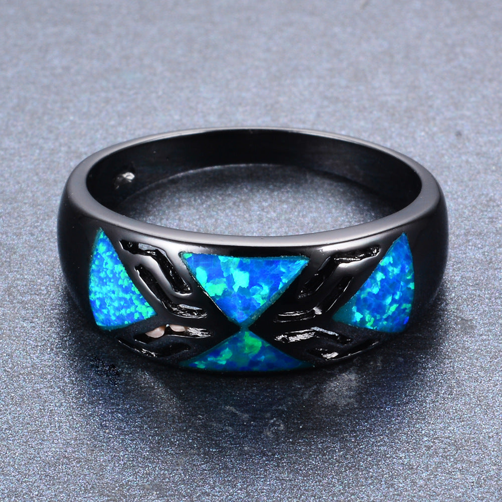 Women's Black Wide Band Geometric Triangle Opal Ring
