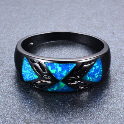 Women's Black Wide Band Geometric Triangle Opal Ring