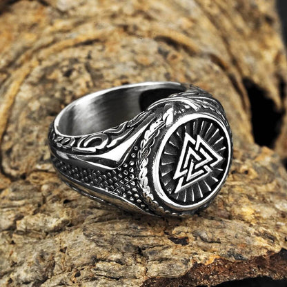 Vintage Solid Stainless Steel Norse Valknut Round Wide Signet Ring for Men