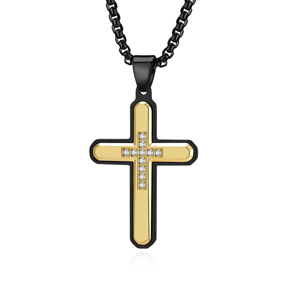 Men's Hexagonal Faceted Gem-Set Two-Tone Cross Pendant Necklace