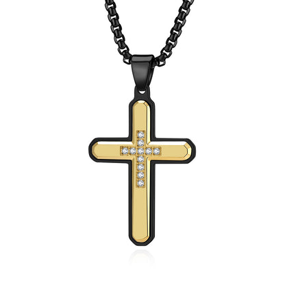 Men's Hexagonal Faceted Gem-Set Two-Tone Cross Pendant Necklace