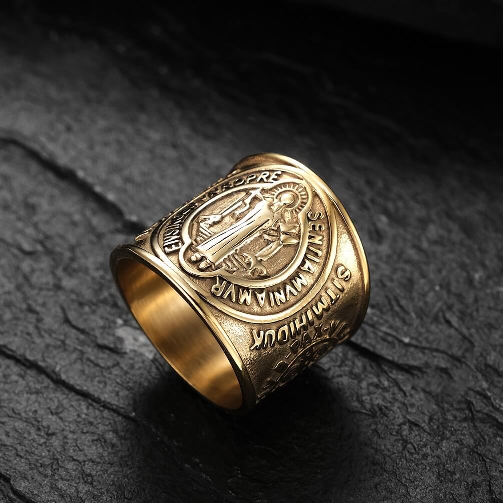 Vintage Stainless Steel Wide Band St. Benedict Exorcism Cross Ring for Men
