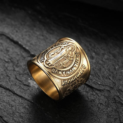 Vintage Stainless Steel Wide Band St. Benedict Exorcism Cross Ring for Men