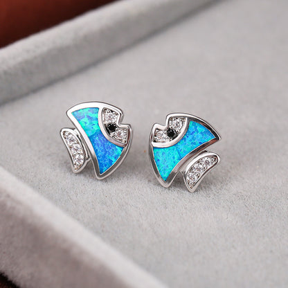 Women's Tropical‑Fish Shape Stud Earrings, Inlaid Zirconia, Blue Opal / White Opal