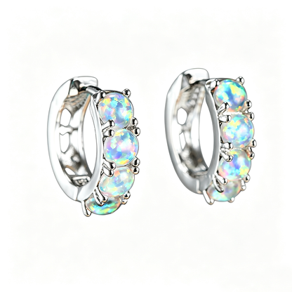 Women's C Shape Hoop Inlaid Round Blue & White Opal Huggie Earrings, White Gold Plating