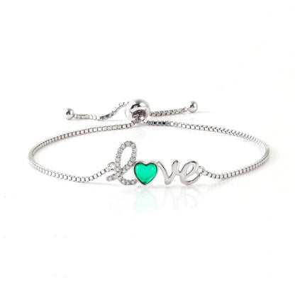 Women's White Gold LOVE Post Heart Shape Emerald Adjustable Bracelet