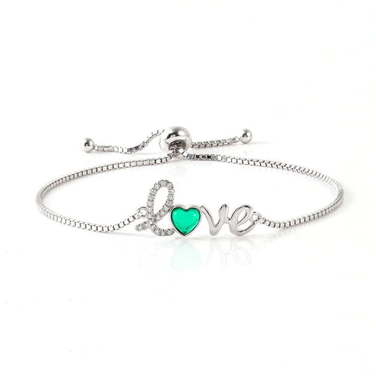 Women's White Gold LOVE Post Heart Shape Emerald Adjustable Bracelet