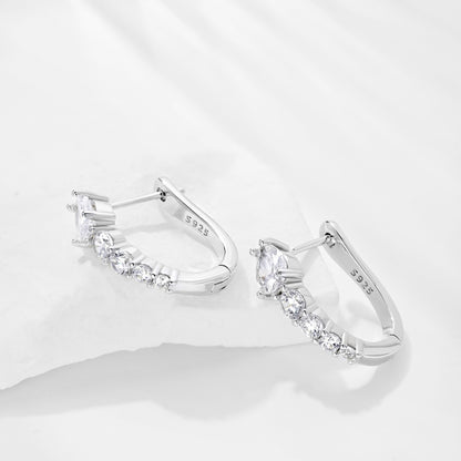Women's U‑Shape Click Hoop Earrings, Teardrop & Round Paved Zirconia, S925 with White Gold Plating