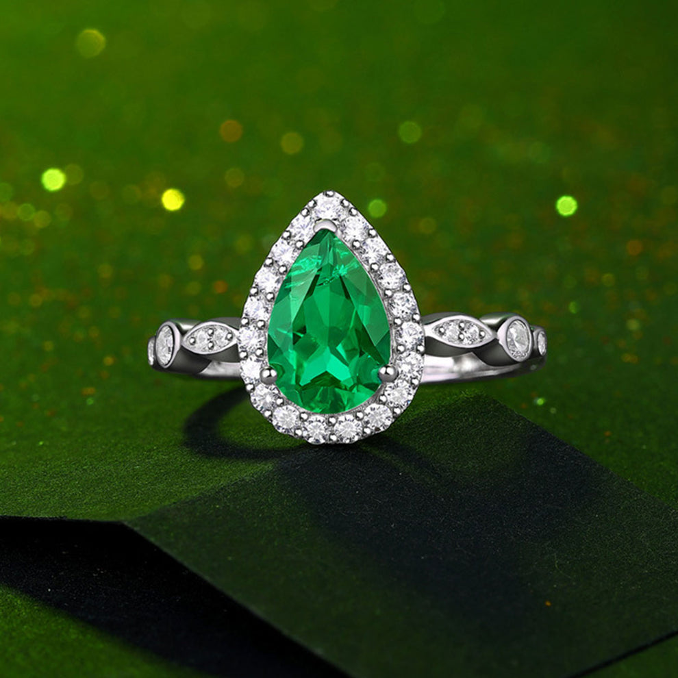 Women's White Gold Drip Shape Emerald Halo Adjustable Ring